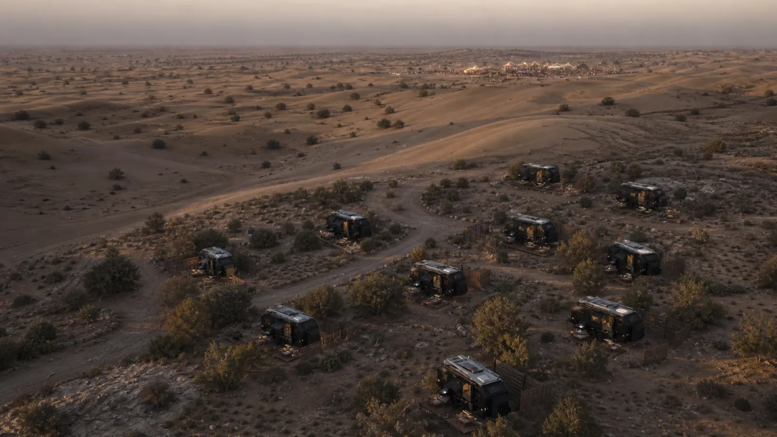 Around ten lit expedition caravans spread out across a private stretch of desert at dusk, an event glowing on the horizon