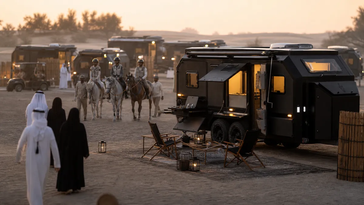 Riders bringing their horses back past a caravan at first light, with chairs and lanterns set out on the sand