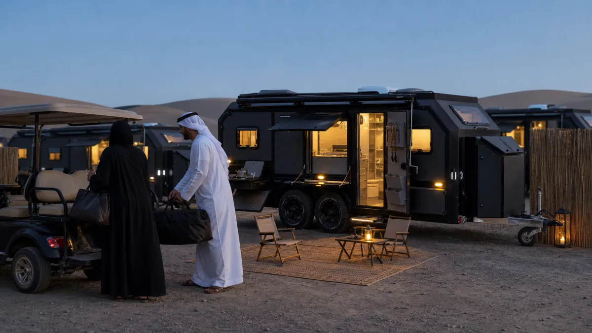 A couple unloading their bags from a buggy in front of their caravan at dusk, the interior lit behind the open door