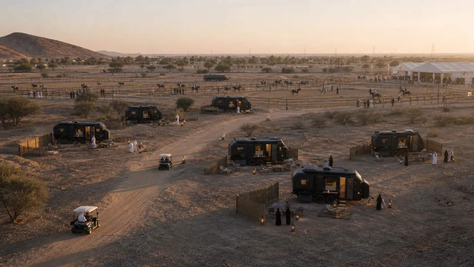 A camp of black expedition caravans spread across open ground beside an event village of white tents, with horses, riders and guests moving between them