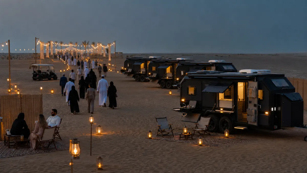 Guests in evening dress walking along a lantern lit path towards a lit venue, past a row of caravans