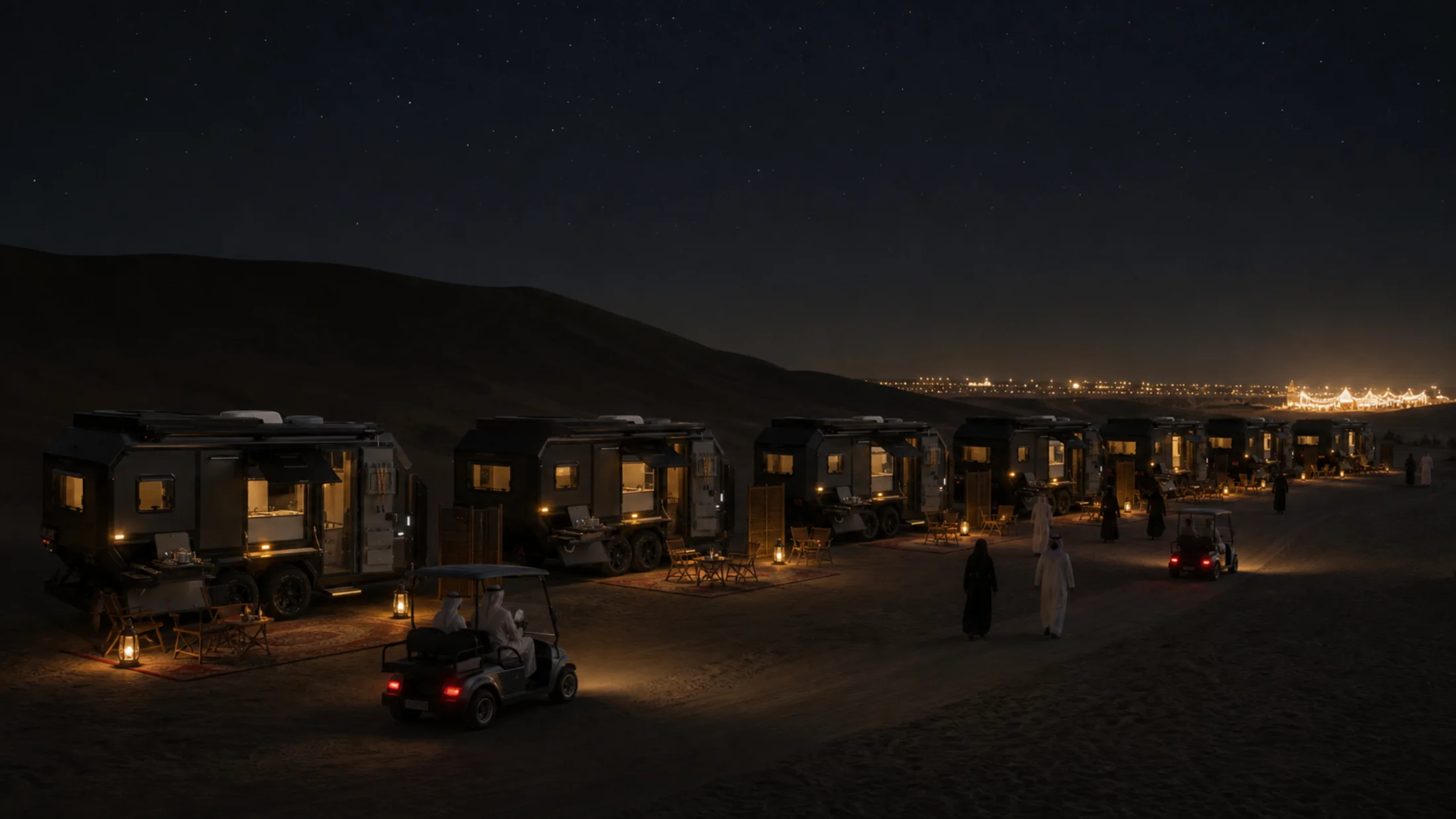 A row of lit expedition caravans on the sand at night, guests walking between them, the lights of a festival on the horizon