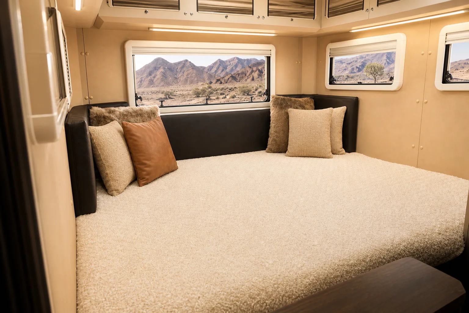 NTR3X: the lounge made up as one large bed, with windows on two sides