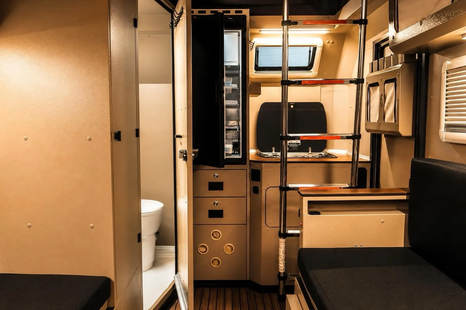 NTR3X: kitchen unit and storage, with the ladder to the roof bed; the fridge shown is an option