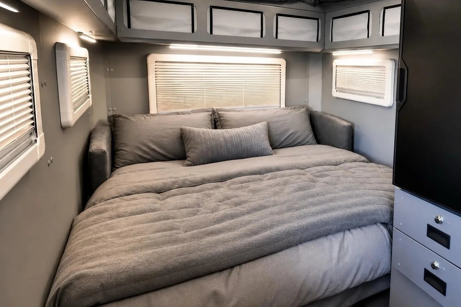 NTR4X: double bed across the front, with storage and blinds